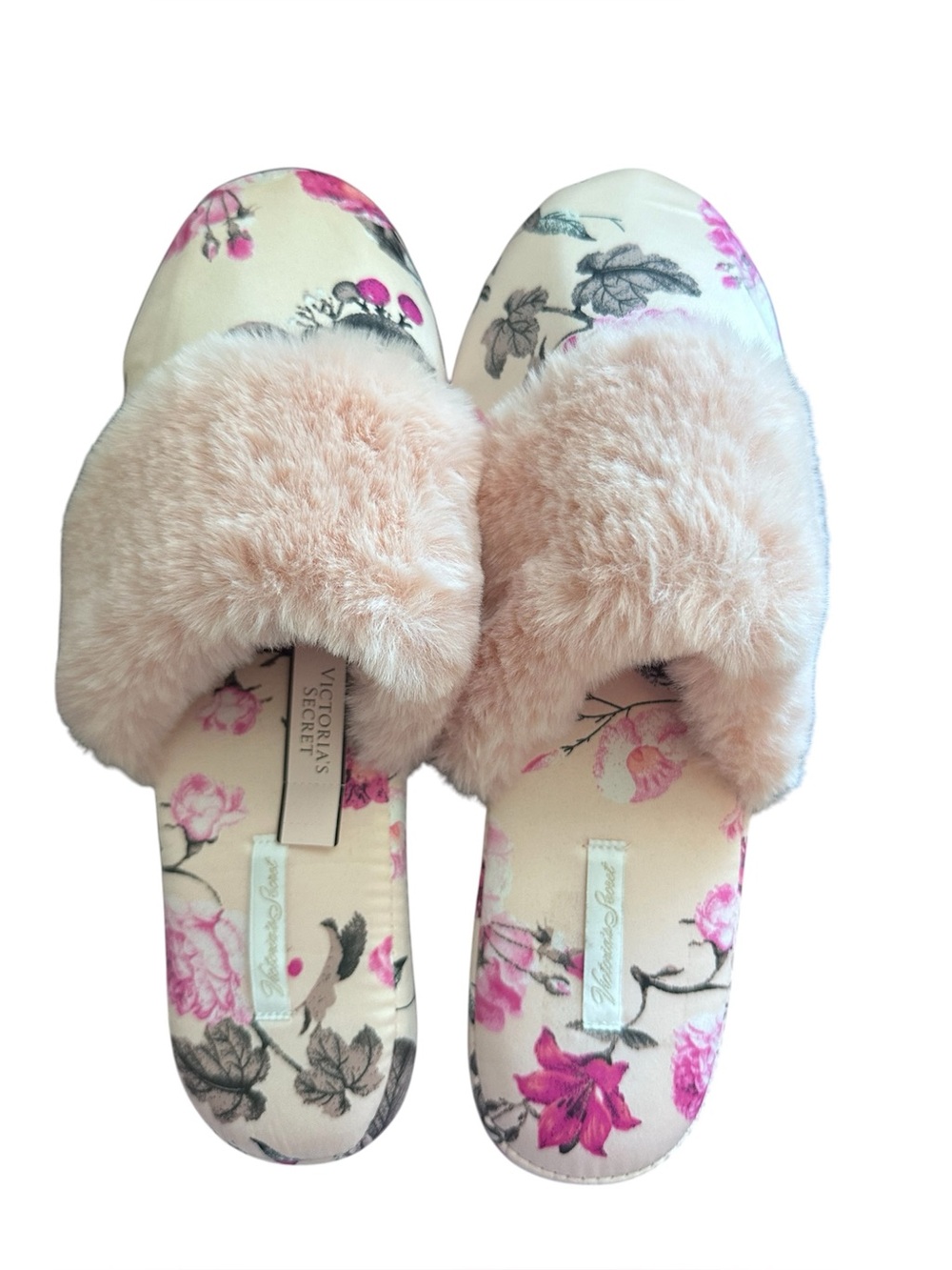 Victoria’s Secret Signature Satin Floral Faux Fur Slippers Pink Large 9-10 NWT